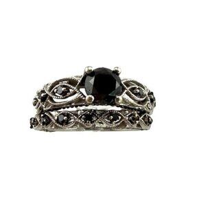 Genuine 10k White Gold Black Diamond Engagement Ring Set - Sz 6